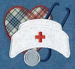 Needlework of Nurse's cap and stethoscope with heart in background 
