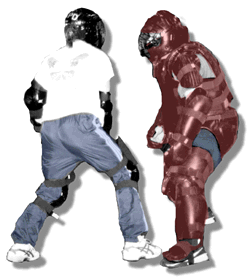 Drawing of men in highly padded protective suits worn during some RAD training sessions