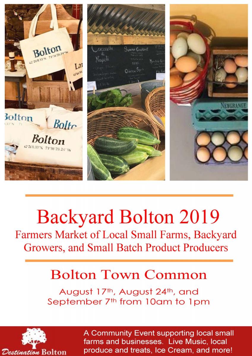 Backyard Bolton to be held at Town Common on August 17th, August 24th and September 7th from 10 am to 1 pm